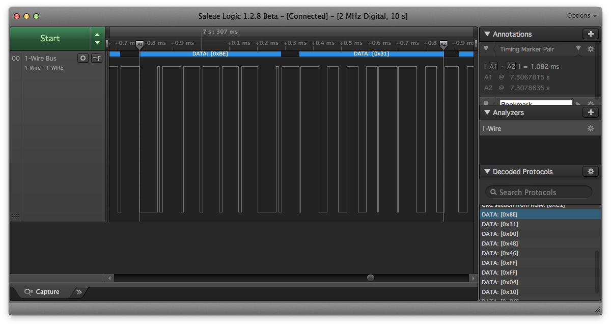 Trace of 1-Wire communication in Saleae Logic.